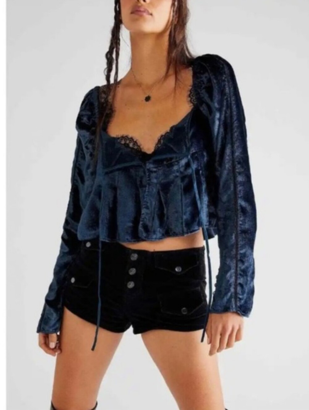 Free People Bali Heirloom Crushed Velvet Long Sleeve Crop Blue Top Small
